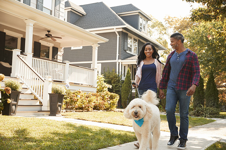 younger couple walking golden doodle in their neighborhood in Indiana